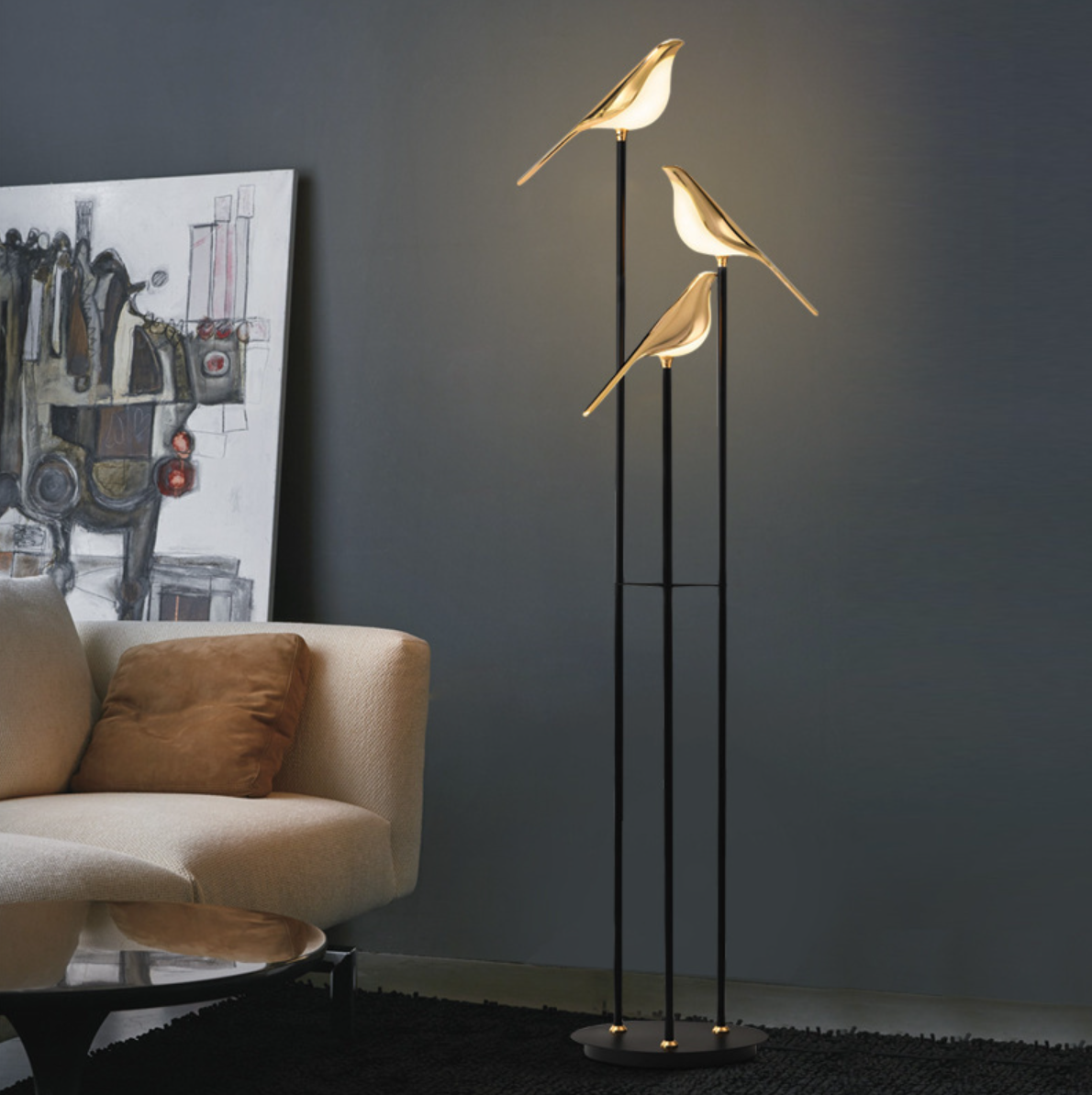 FJFJGO FLOOR LAMP Modern Black and Gold Floor Lamp Unique Lamps Tall Metal Standing Light 3 Vivid Birds Shade Art Deco Floor Lamps - Warm Light