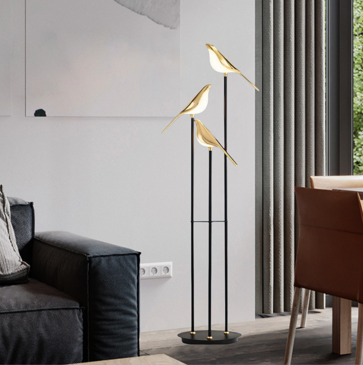 FJFJGO FLOOR LAMP Modern Black and Gold Floor Lamp Unique Lamps Tall Metal Standing Light 3 Vivid Birds Shade Art Deco Floor Lamps - Warm Light