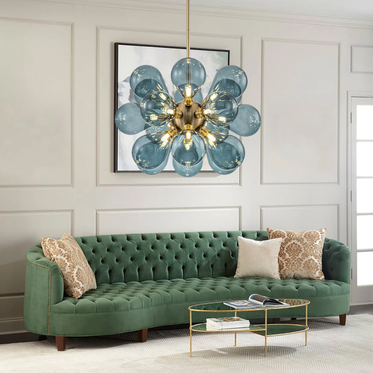 FJFJGO CHANDELIERS Blue Glass Globe Chandelier Mid-Century Modern Semi Flush Mount Ceiling Light