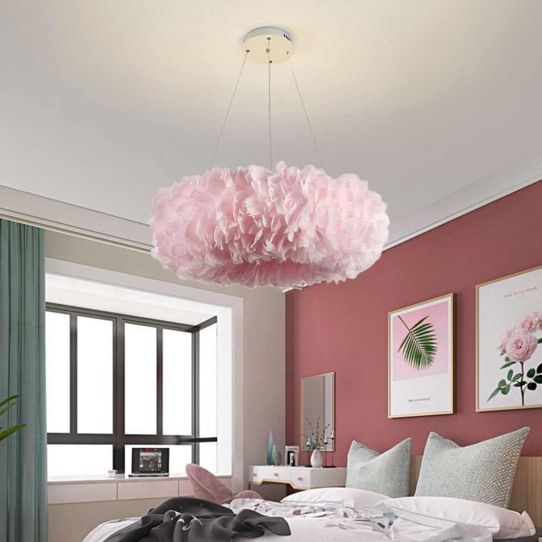 FJFJGO PENDANT LIGHTS Pink Feather Chandelier Girls Room Light Fixture Nordic Feather Pendant Light