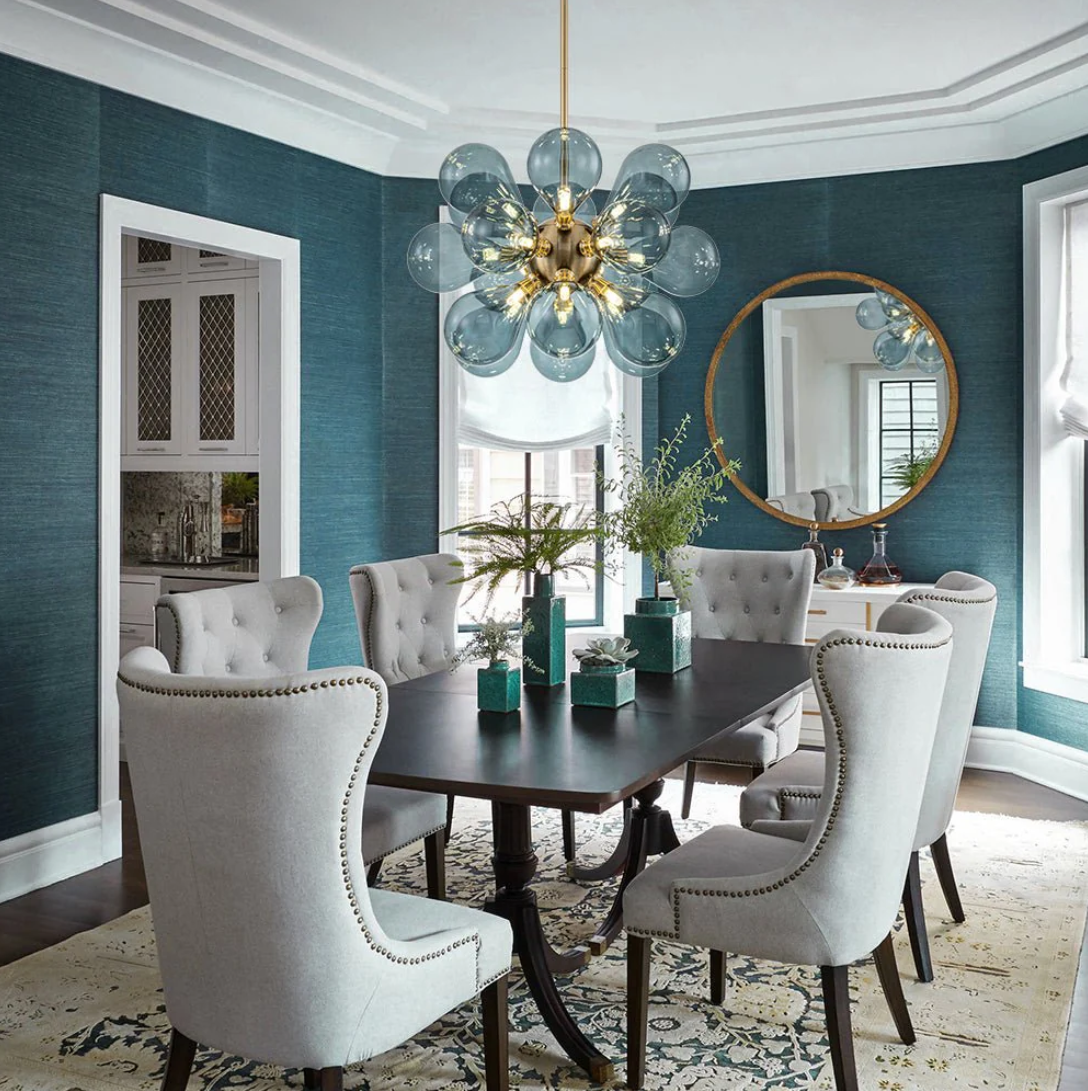 FJFJGO CHANDELIERS Blue Glass Globe Chandelier Mid-Century Modern Semi Flush Mount Ceiling Light