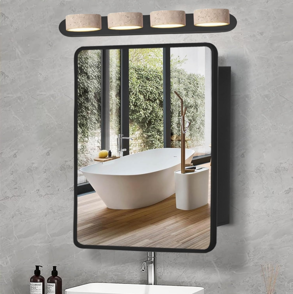 FJFJGO WALL LIGHTS Natural Stone Vanity Light Black Farmhouse Bathroom Light Fixtures Travertine Shade Wall Sconce Over Mirror