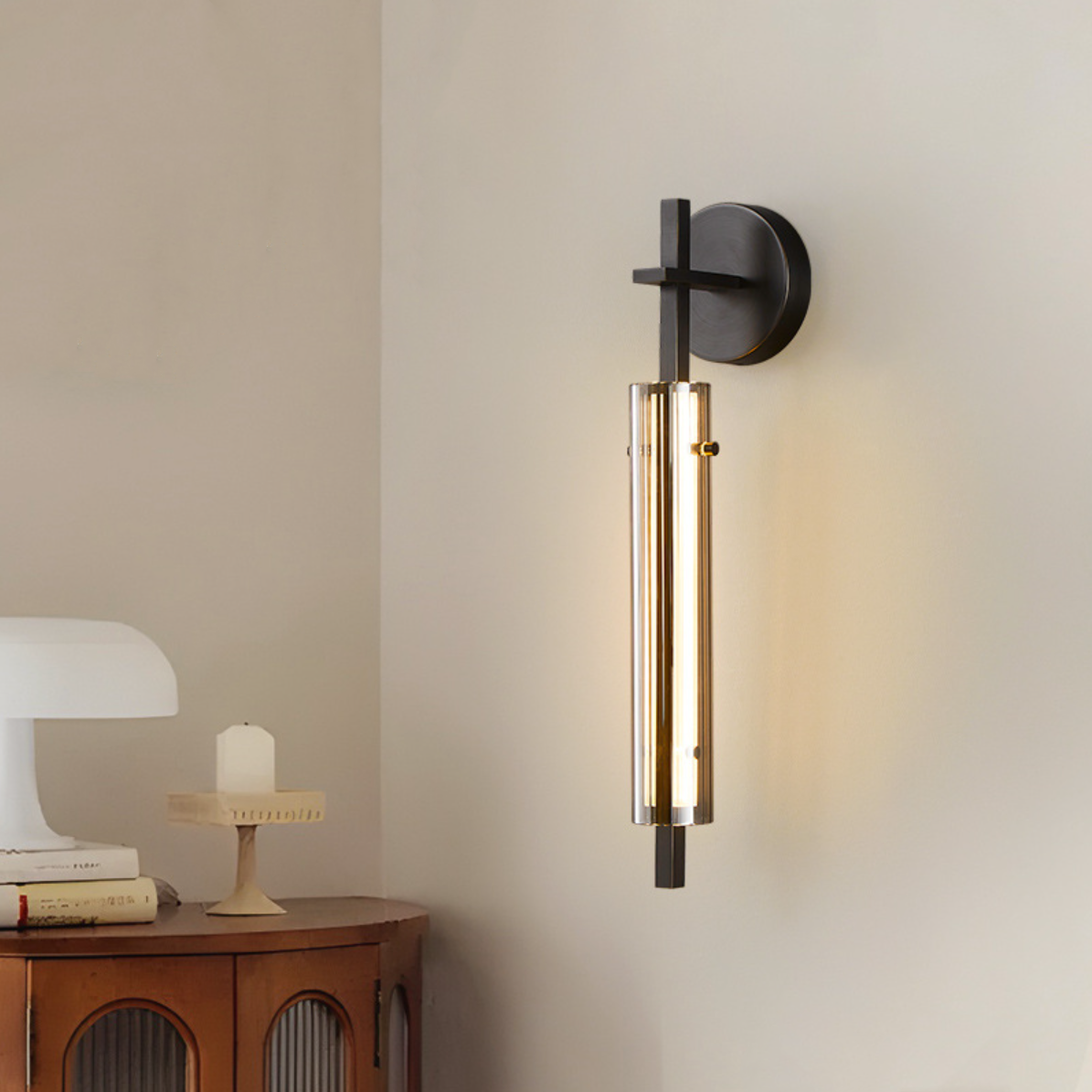 FJFJGO WALL LIGHTS Cylinder Fluted Glass Wall Sconce Brass Wall Lamp Glass Tube Sconce Wall