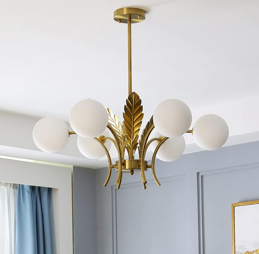 FJFJGO CHANDELIERS Retro Gold Chandelier Opal Glass Globe Sputnik Chandelier 6 Arm Mid-Century Pendant Light
