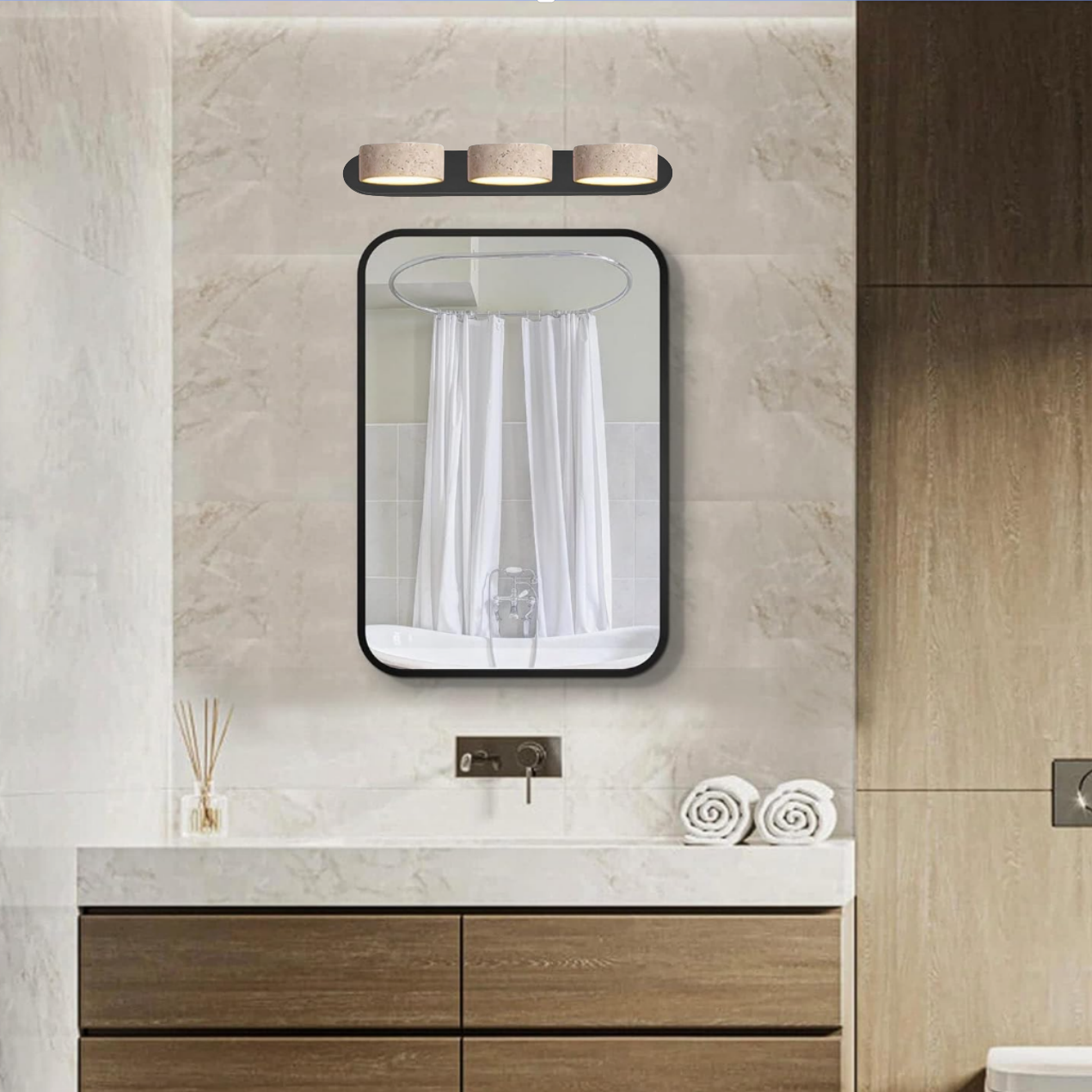 FJFJGO WALL LIGHTS Natural Stone Vanity Light Black Farmhouse Bathroom Light Fixtures Travertine Shade Wall Sconce Over Mirror