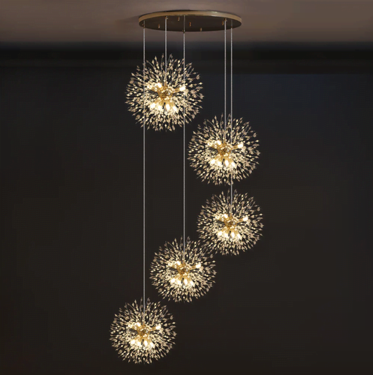 FJFJGO CHANDELIERS Crystal Staircase Chandelier Mid-Century Modern Cluster Pendant Light Gold Firework Chandelier Dandelion Sputnik Light