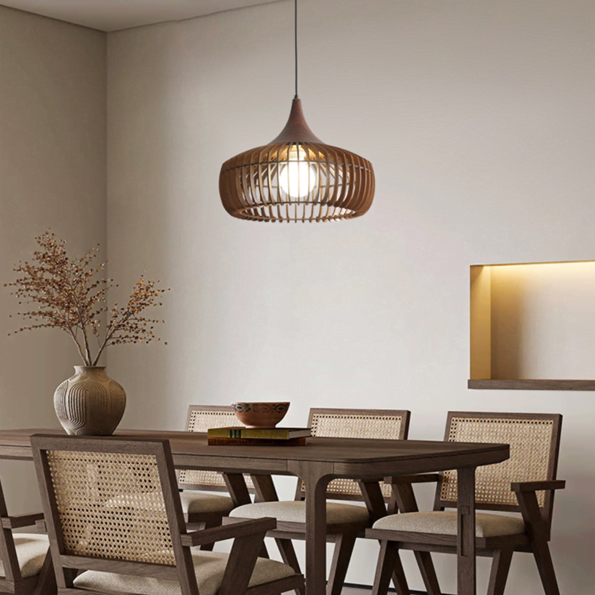FJFJGO PENDANT LIGHTS Modern Farmhouse Wood Pendant Light Mid-Century Wooden 1 Light Rustic Cage Chandelier