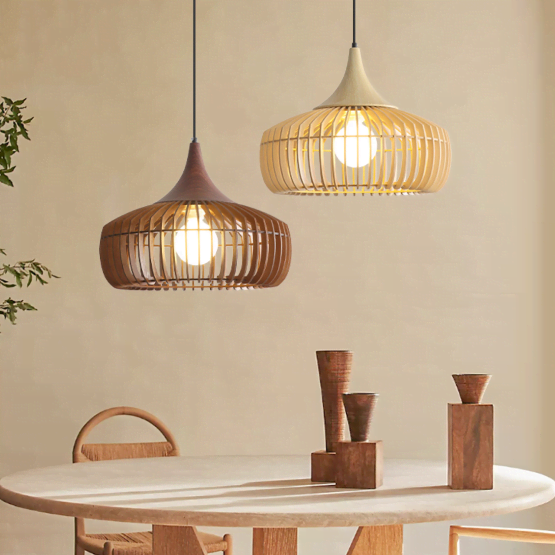 FJFJGO PENDANT LIGHTS Modern Farmhouse Wood Pendant Light Mid-Century Wooden 1 Light Rustic Cage Chandelier