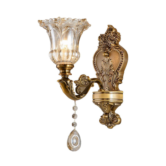 FJFJGO  WALL LIGHTS Vintage Floral Wall Mount Lamp with Beveled Crystal Shade Gold 2 Heads Retro Sconce Lighting