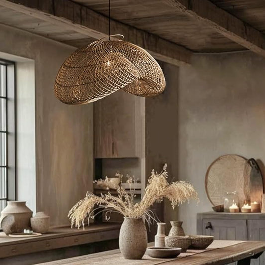 FJFJGO PENDANT LIGHTS Dark Brown Rattan Pendant Light Coastal Large Woven Pendant Hanging Light