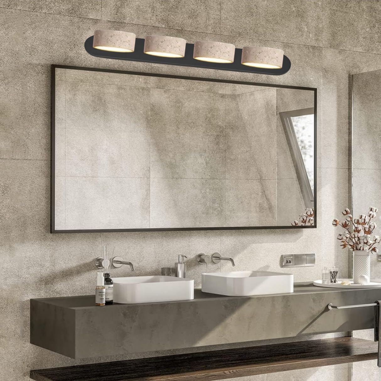 FJFJGO WALL LIGHTS Natural Stone Vanity Light Black Farmhouse Bathroom Light Fixtures Travertine Shade Wall Sconce Over Mirror