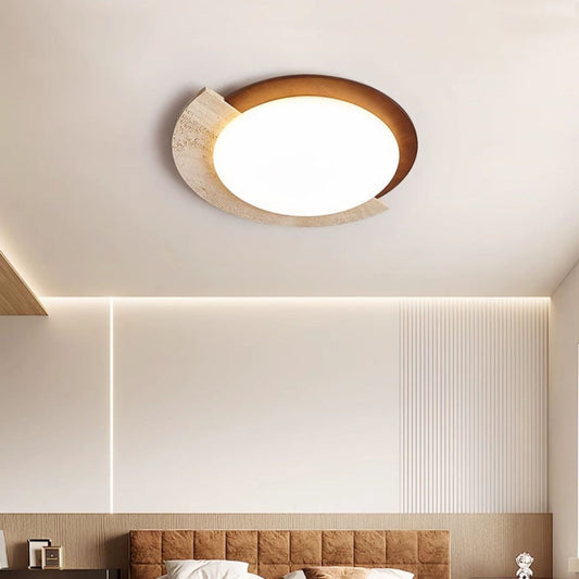 FJFJGO CEILING LIGHTS Wood Flush Mount Ceiling Light Round Shape Farmhouse Natural Stone Ceiling Light Modern Travertine Ceiling Lamp